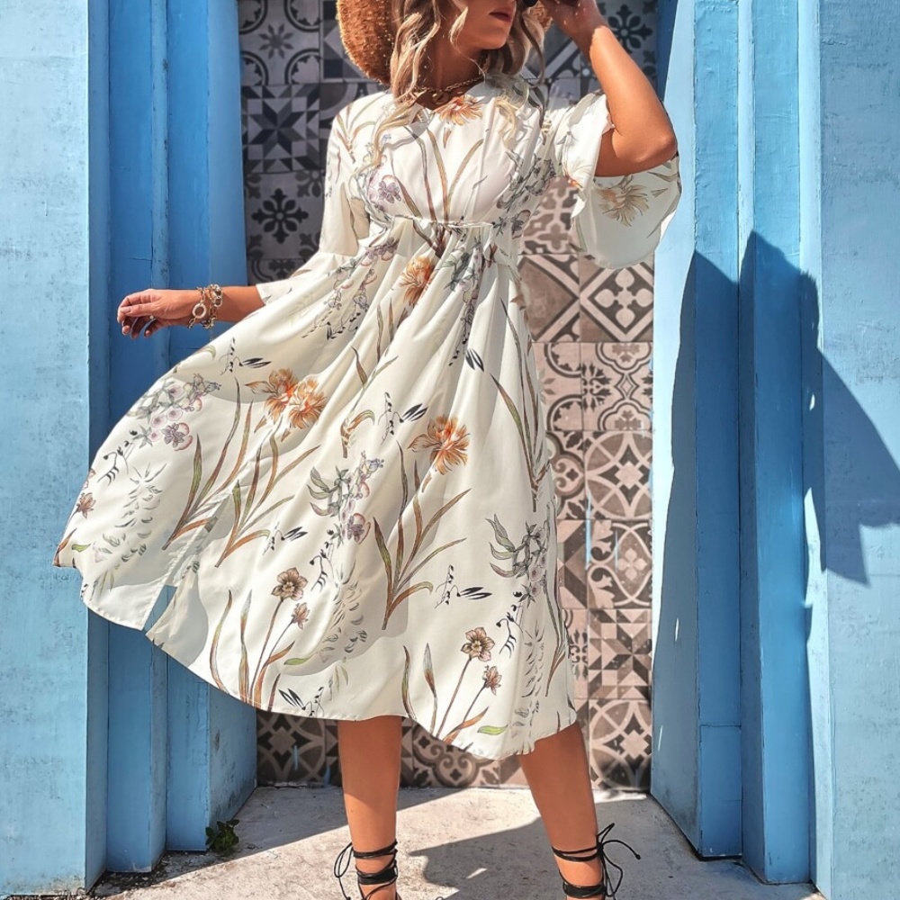 Boho Floral Print Ruffle Sleeve Vacation Dress - Picture 5 of 6